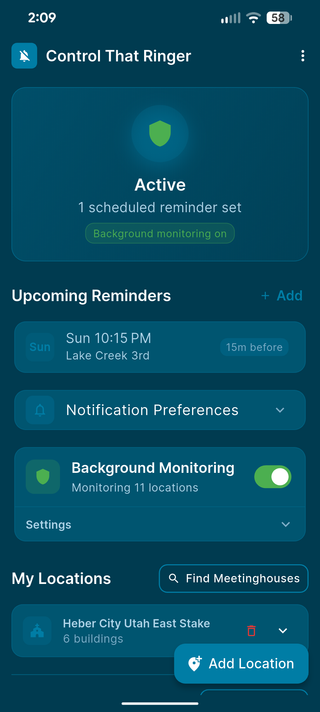 Control That Ringer home screen showing active status and upcoming reminders