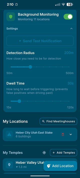 Background monitoring settings with detection radius and dwell time controls