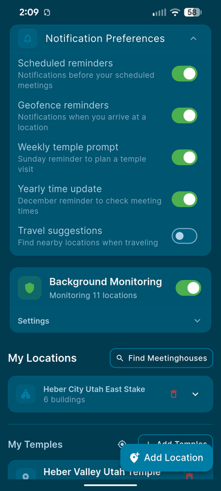 Notification preferences with scheduled reminders, geofence reminders, and temple prompt toggles